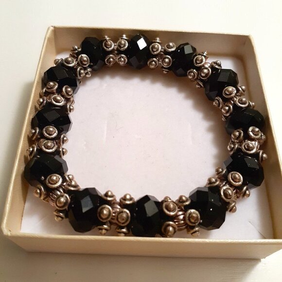 Black and Silver Tone Bead Heavy Stretch Bracelet - Picture 1 of 2